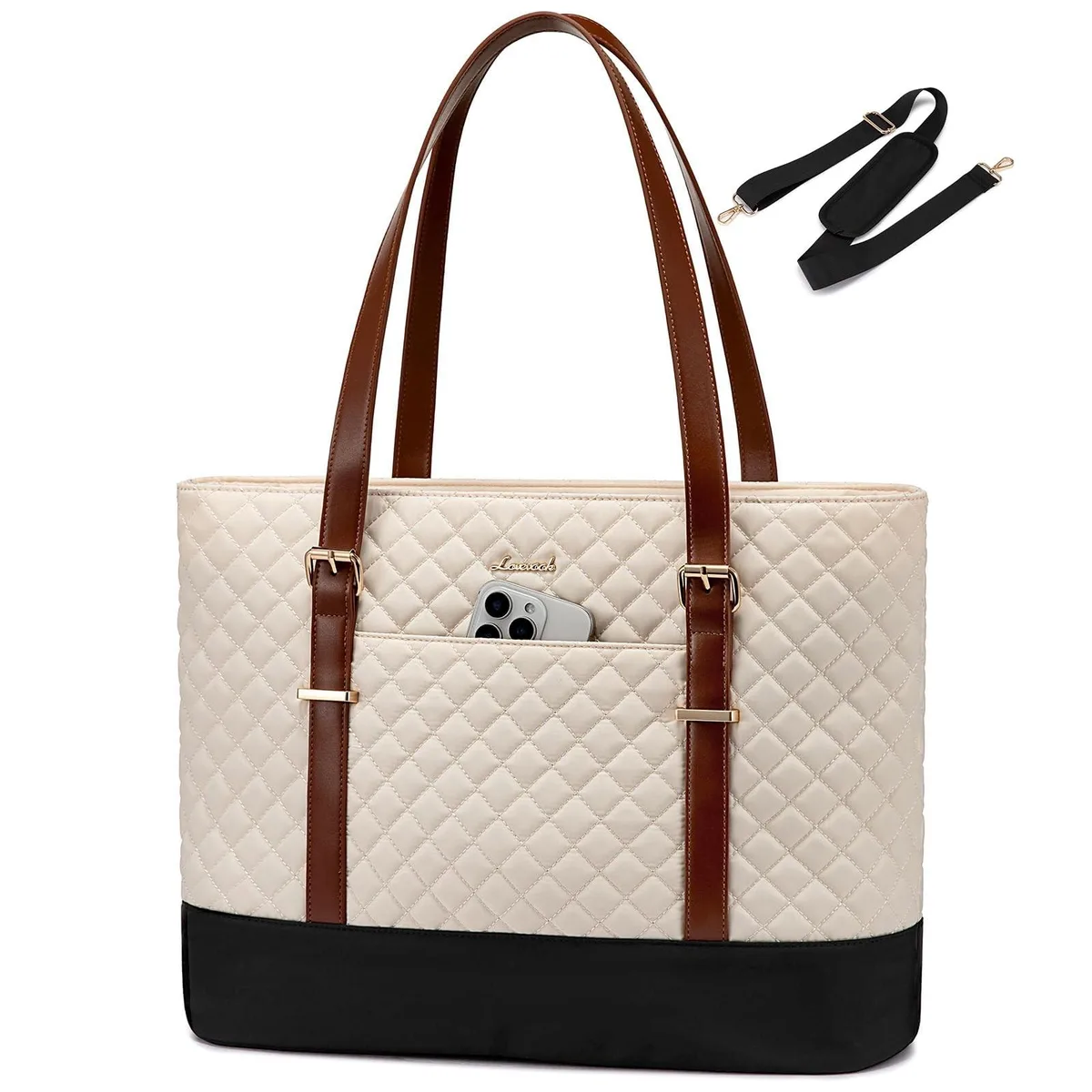 Avantalk Avantalk Quilted Laptop Tote with Stanley Cup Holder Beige-Brown-Black 17.3 Inch — product photo