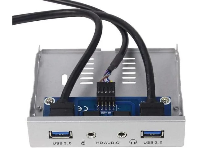 Silver-white front-panel bracket for a 3.5-inch bay with two USB 3.0 ports and audio jacks