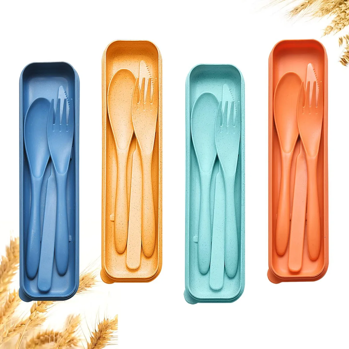 Blue wheat straw cutlery set in a rectangular case with four knives forks and spoons
