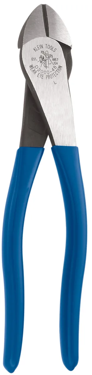 Blue-handled 8-inch diagonal cutting pliers with angled jaws