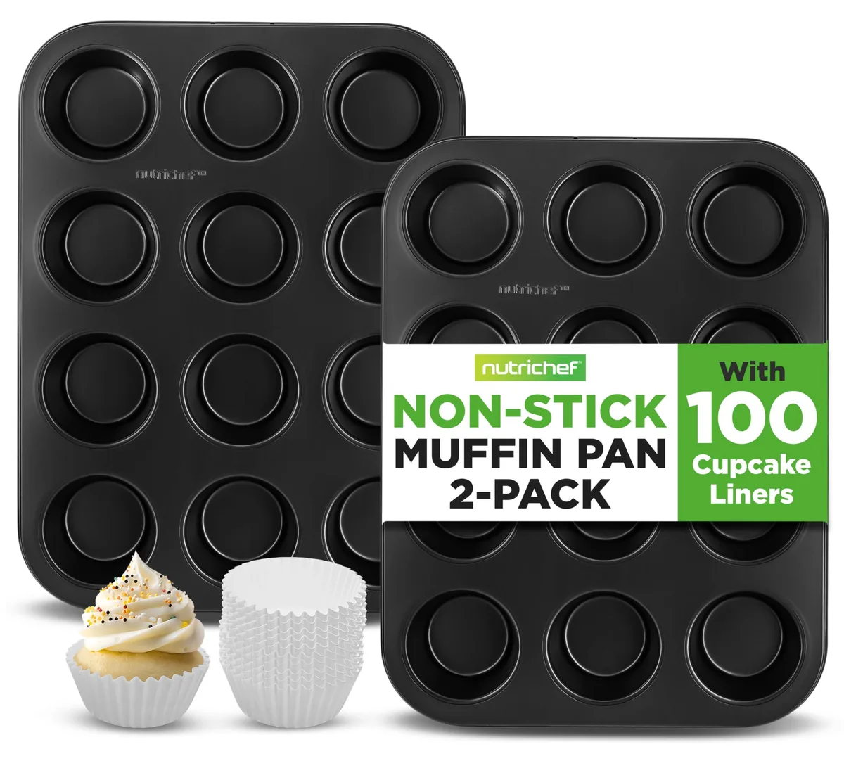 Two black non-stick 12-cup muffin pans with 100 parchment liners