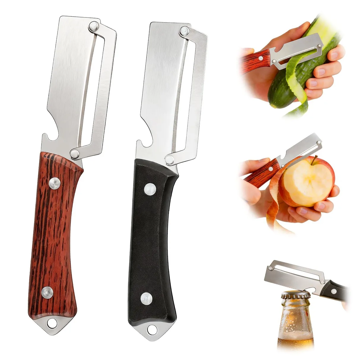 Two stainless-steel peelers with bottle-opener notch and end hook, non-slip handles