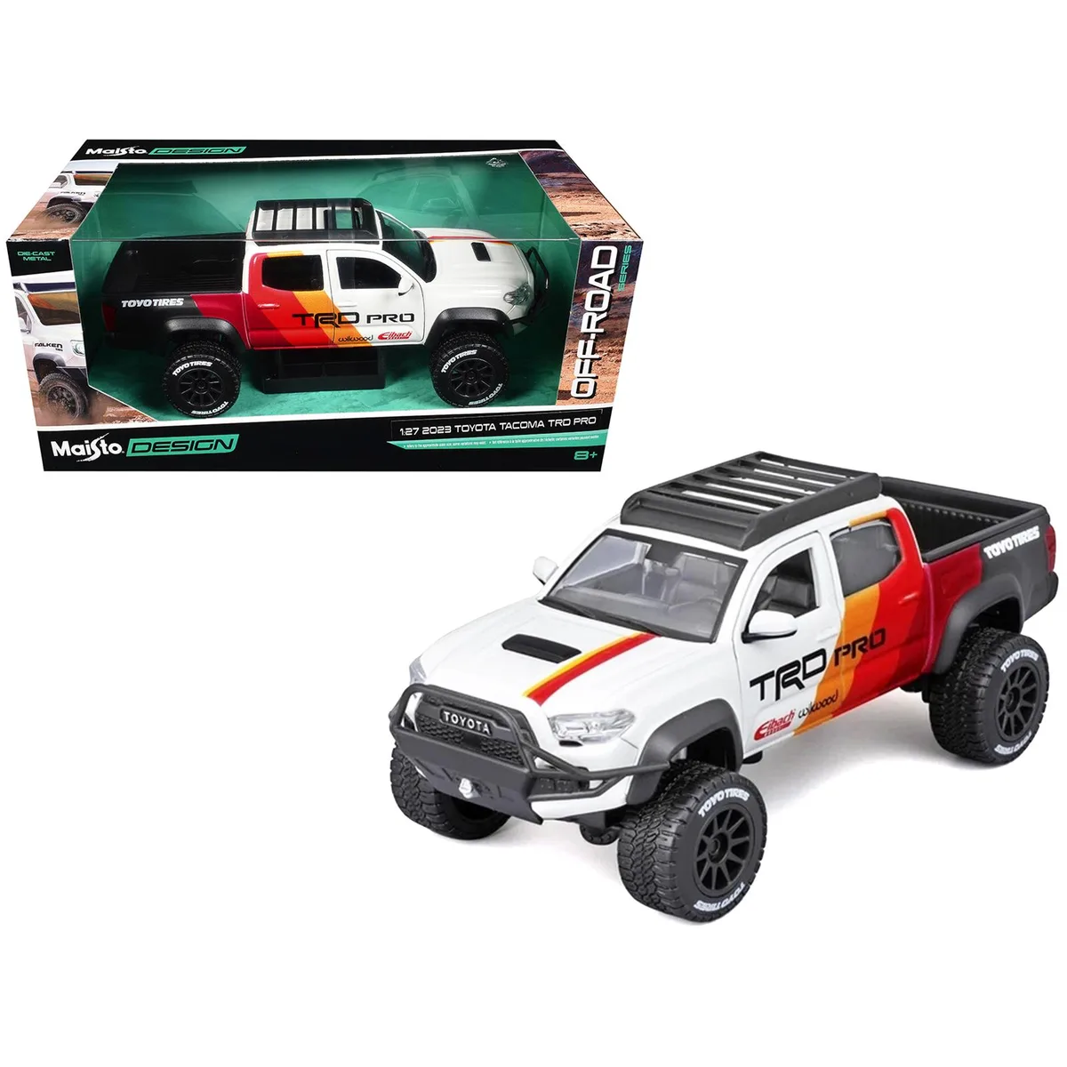Maisto Maisto 2023 Toyota Tacoma TRD PRO 1/27 Diecast Truck White with Graphics and Roof Rack — product photo