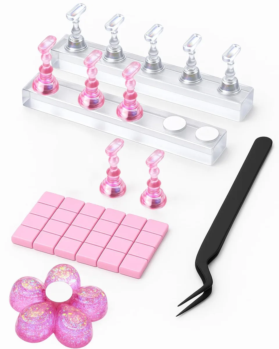 White acrylic nail stand kit with magnetic bases, ten pink and clear holders, flower-shaped stand, putty and tweezers