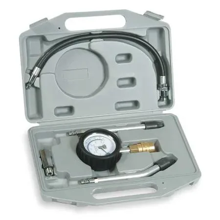 Westward universal compression tester kit five pieces in copper rubber steel zinc with gauge and adapters adjustable design