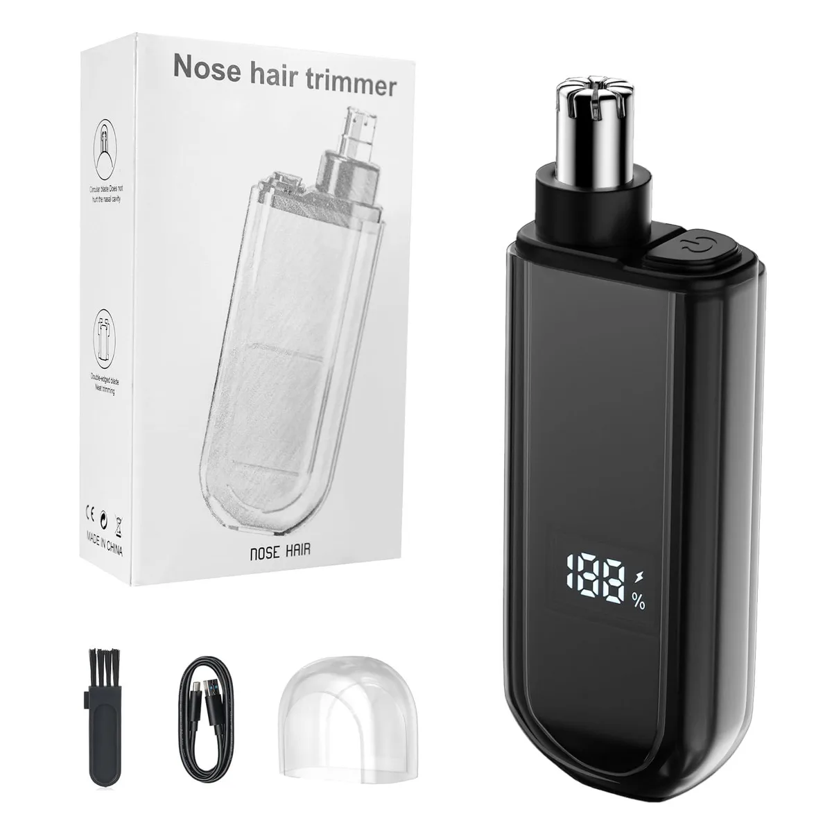 Black cylindrical nose trimmer with five interchangeable heads and USB-C port
