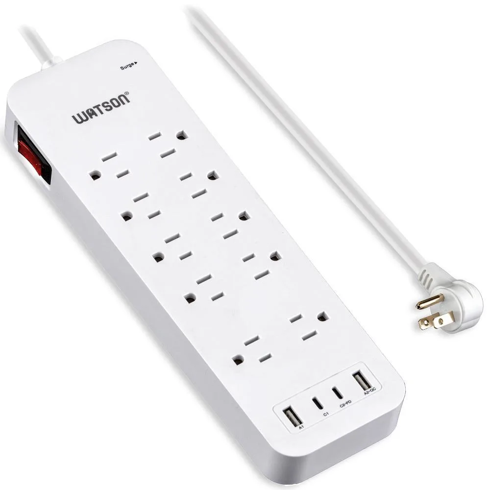 Watson Watson 10-Outlet Surge Protector 2 USB-C 2 USB-A 2450 Joules 6ft White — product photo