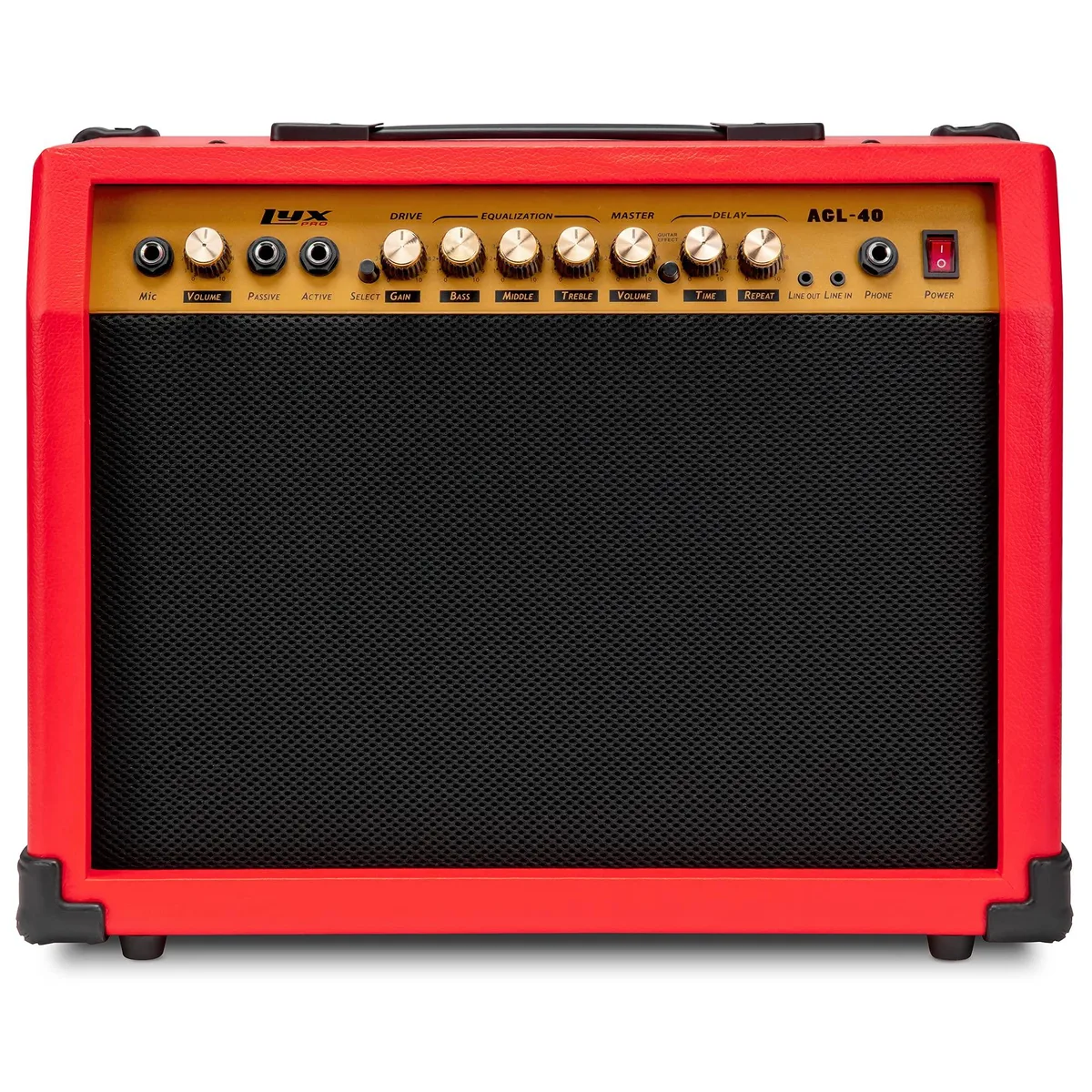 Red rectangular combo guitar amplifier with black speaker grille, silver control knobs
