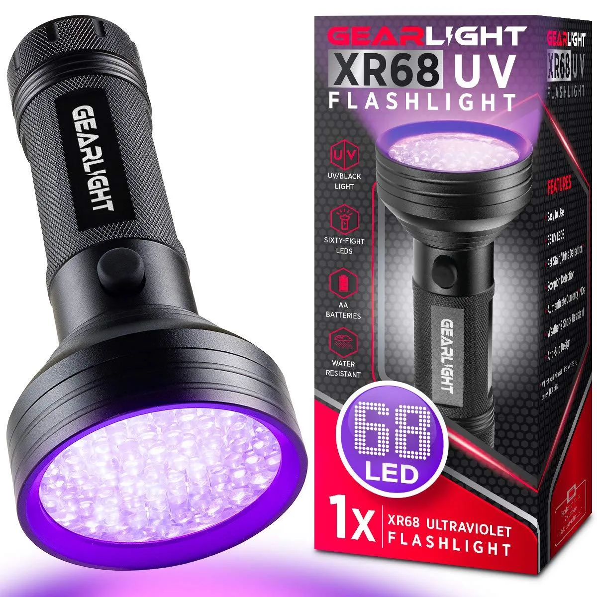 Cylindrical aluminium UV flashlight with 68 LEDs, 0.222 kg