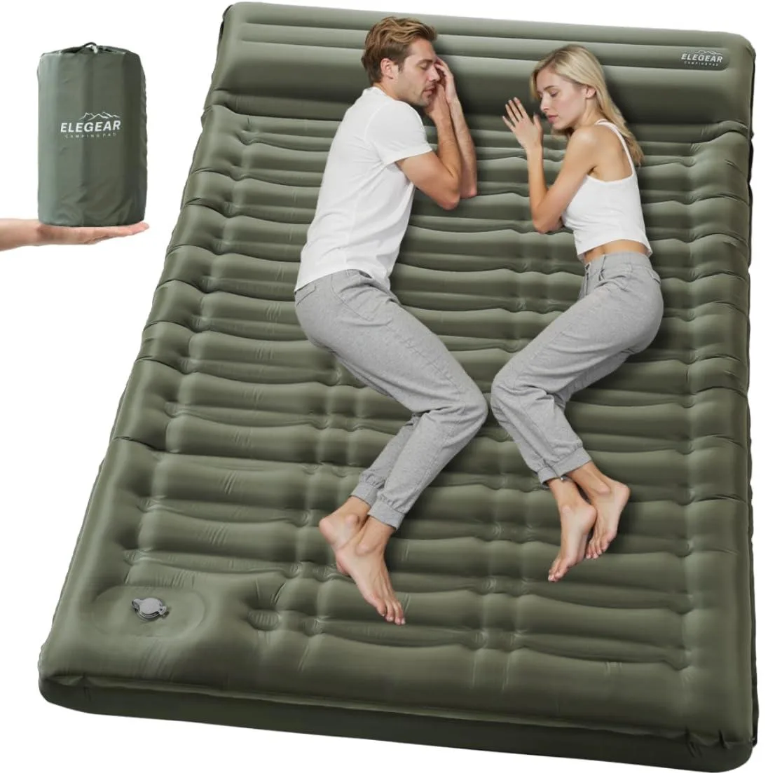 Rectangular army-green inflatable sleeping pad, 5.5 inches thick, built-in foot pump visible