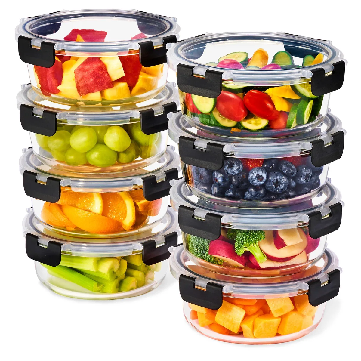 Eight round glass bowls with red silicone lids, 16-piece set