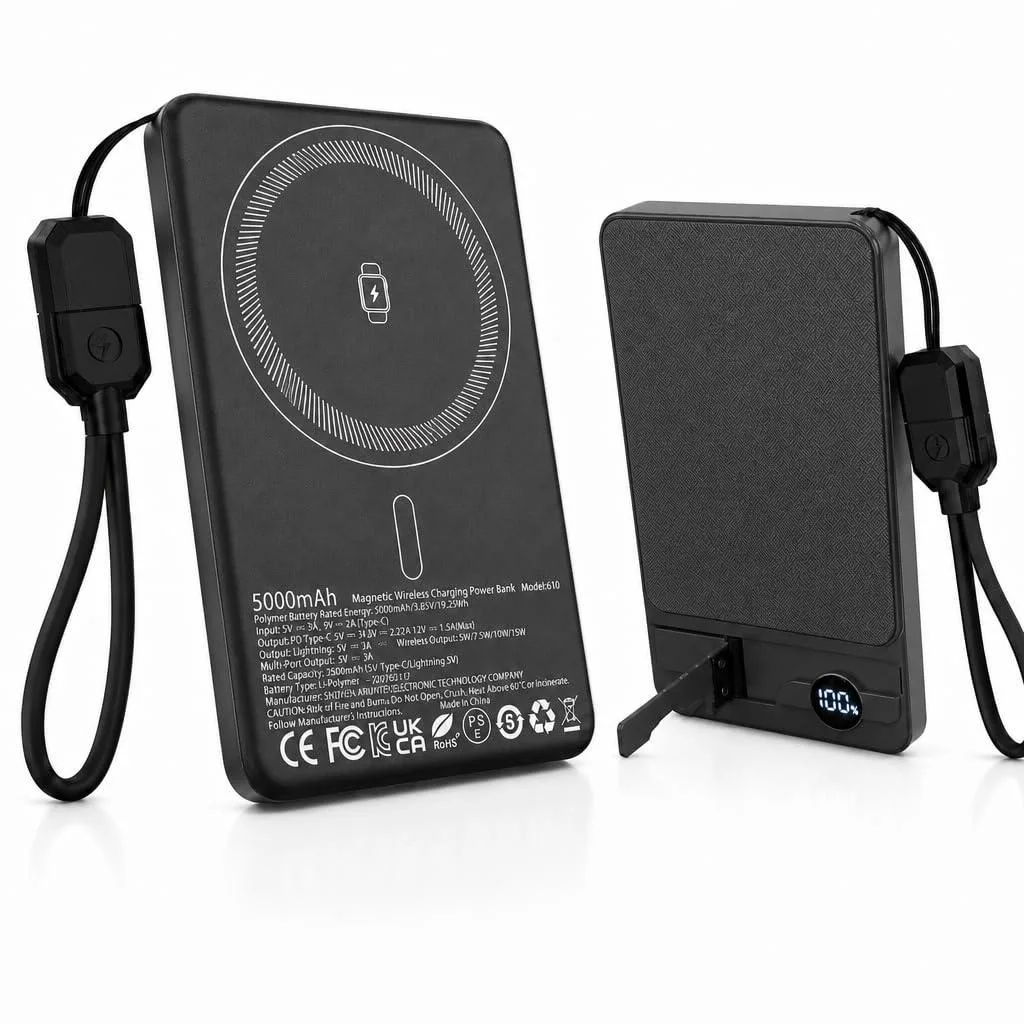 Black magnetic power bank with aluminium frame and foldable stand