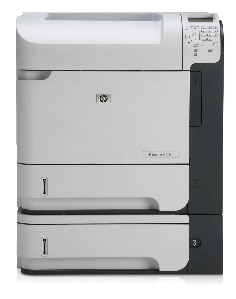 White rectangular office laser printer with lower paper tray and network port