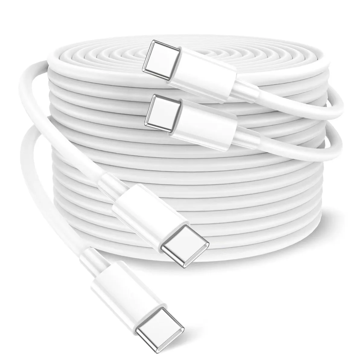 Two white USB-C to USB-C cables coiled together, six feet long, male-to-male connectors, metal finish