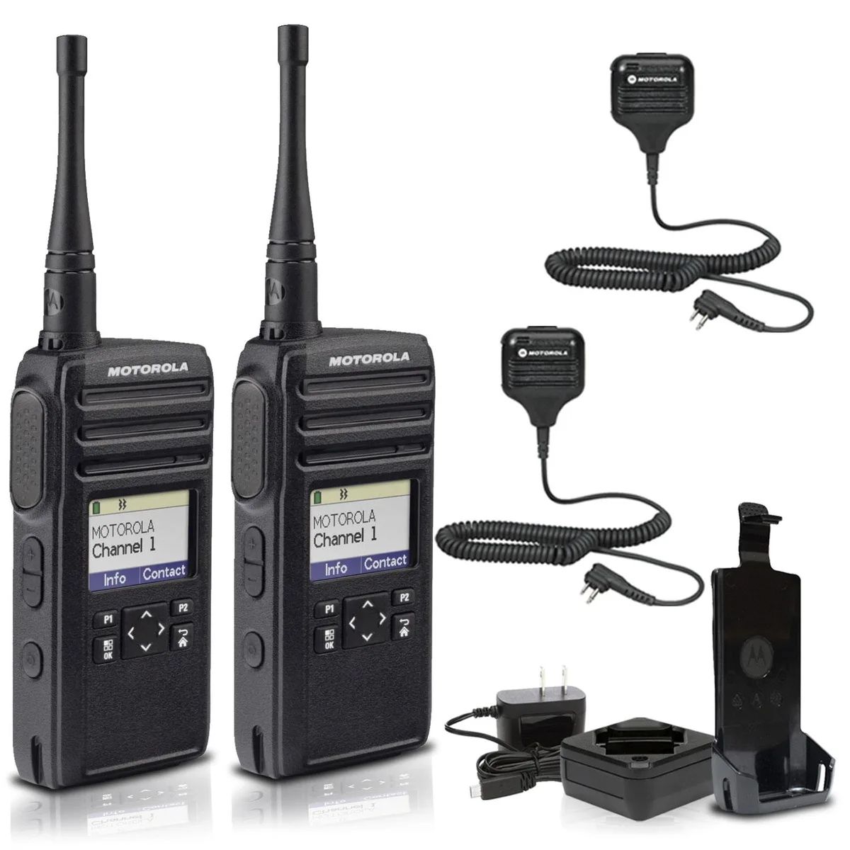 Motorola Motorola DTR700 900 MHz Digital Two-Way Radio 50 Channels + 2 HKLN4606 Remote Speaker Mic — product photo