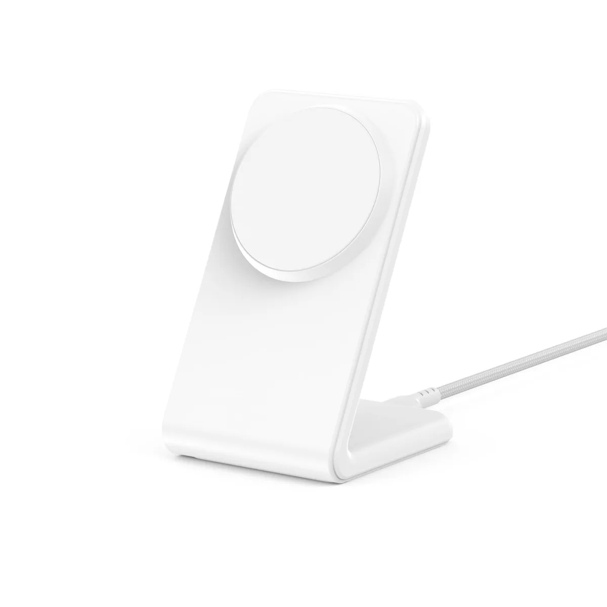White magnetic wireless charger disc with built-in flip stand for iPhone 12 to 17