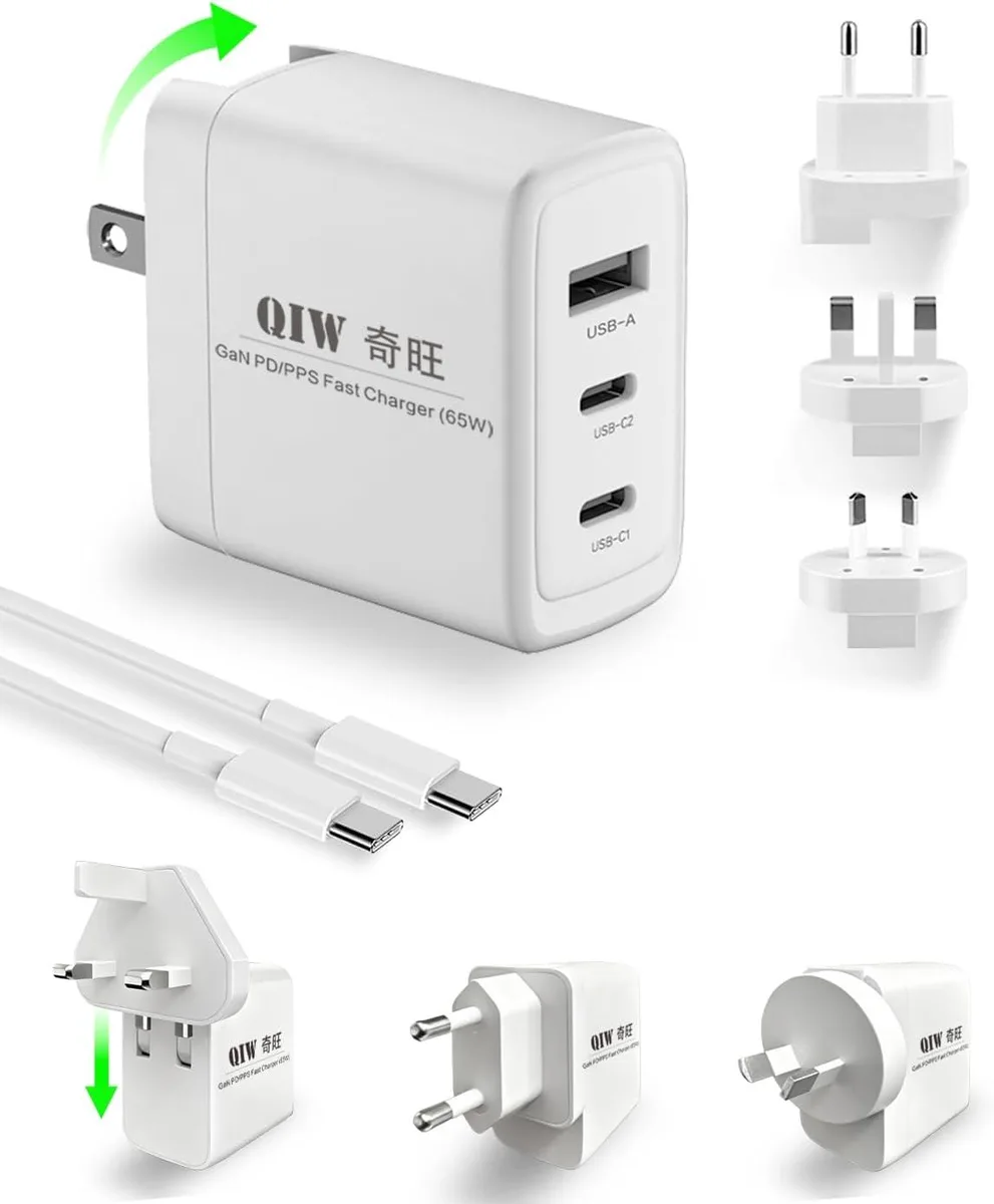 FLEANE FLEANE 65W 3-Port PD/PPS GaN III USB C Fast Charger Block with Cable Universal Travel Adapter (US/EU/UK/AU) — product photo