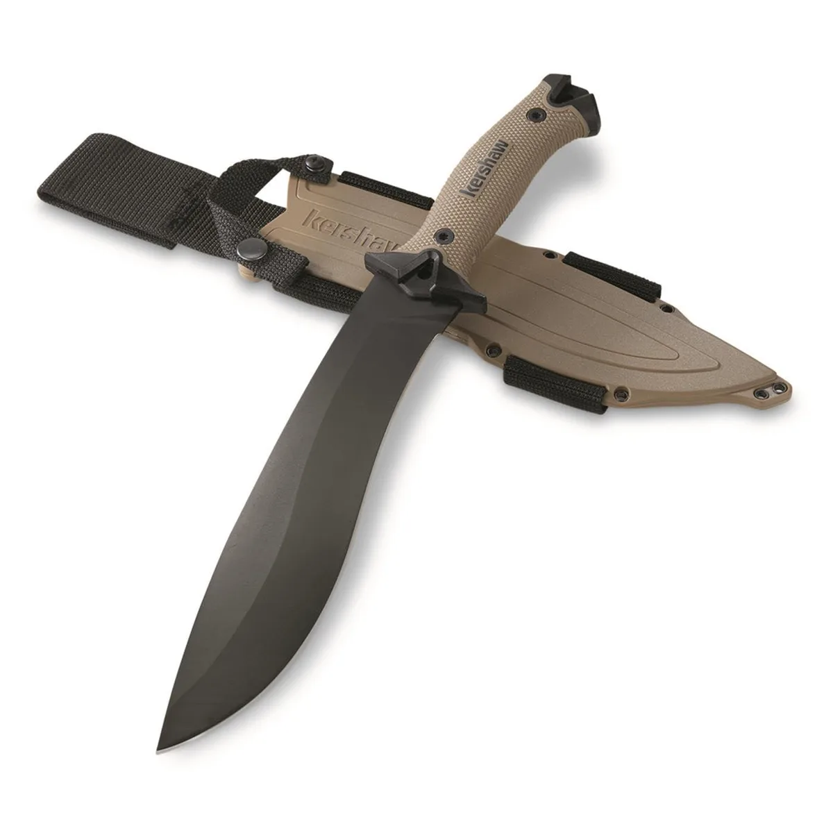 Tan 10-inch recurve machete with black powdercoat blade and tan overmold handle