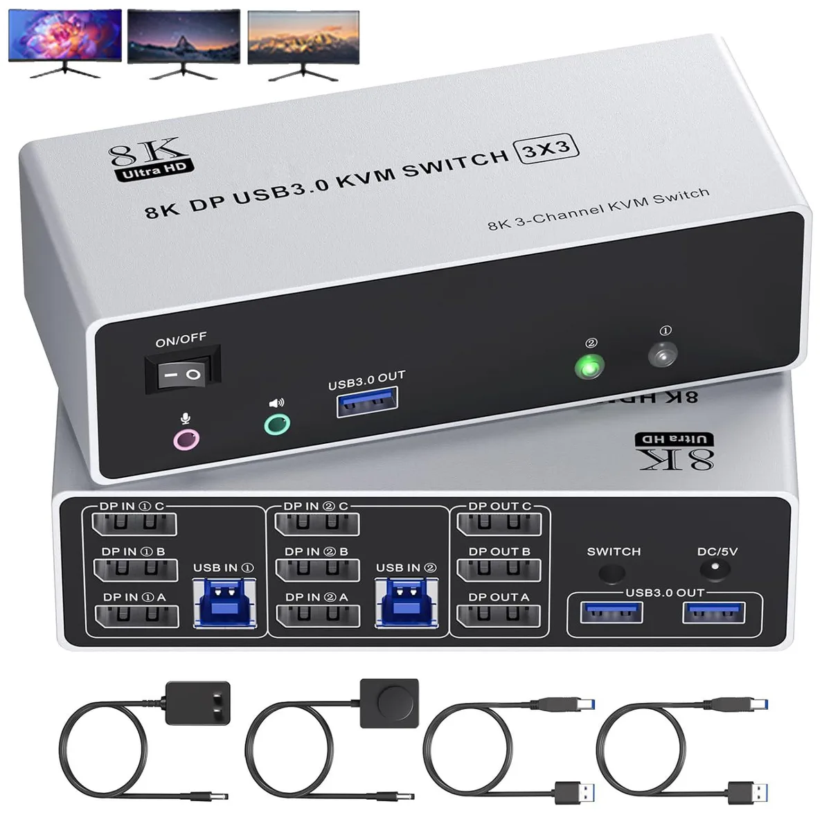 SMA SMA 8K@60Hz 4K@120Hz DisplayPort KVM Switch 2 Computers 3 Monitors — product photo