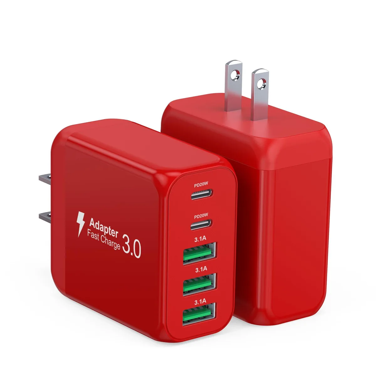 Two red compact USB wall chargers each with five ports
