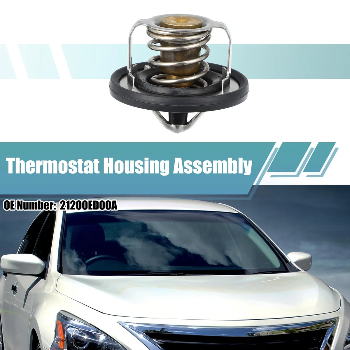 Black plastic and silver metal thermostat housing assembly, compact cylindrical shape with hose outlet