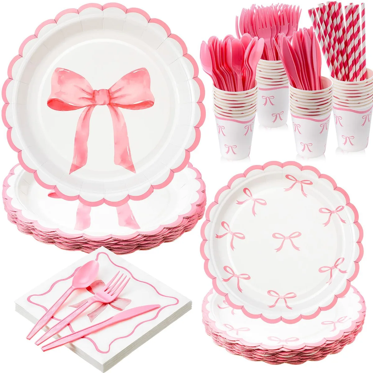 White ceramic dinnerware set with pink butterfly bow design, 192 pieces for 24 guests