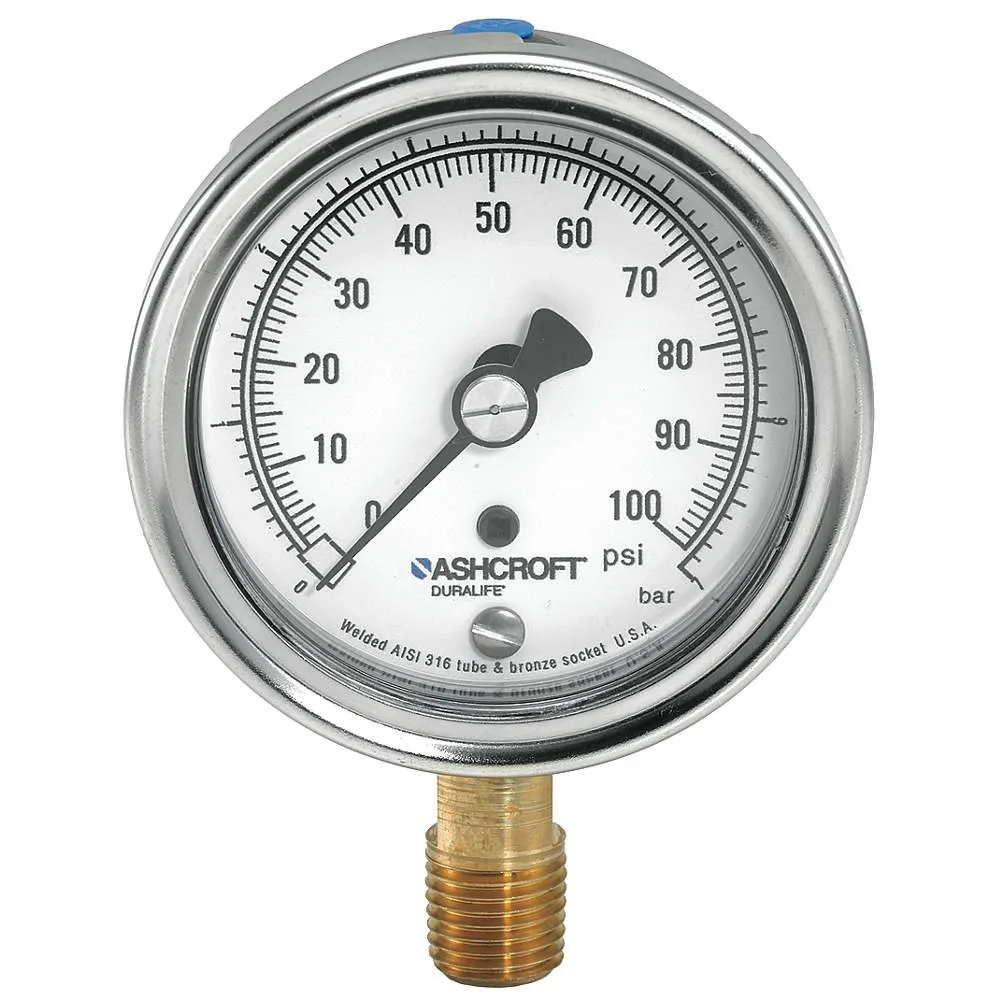 Silver 2.5 inch stainless steel pressure gauge with white dial and bottom 1/4 inch NPT connection
