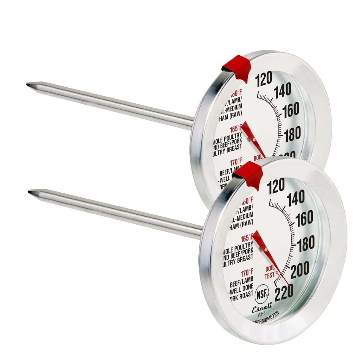 Two stainless steel analog meat thermometers with 2.5 inch dials and 4.75 inch probes
