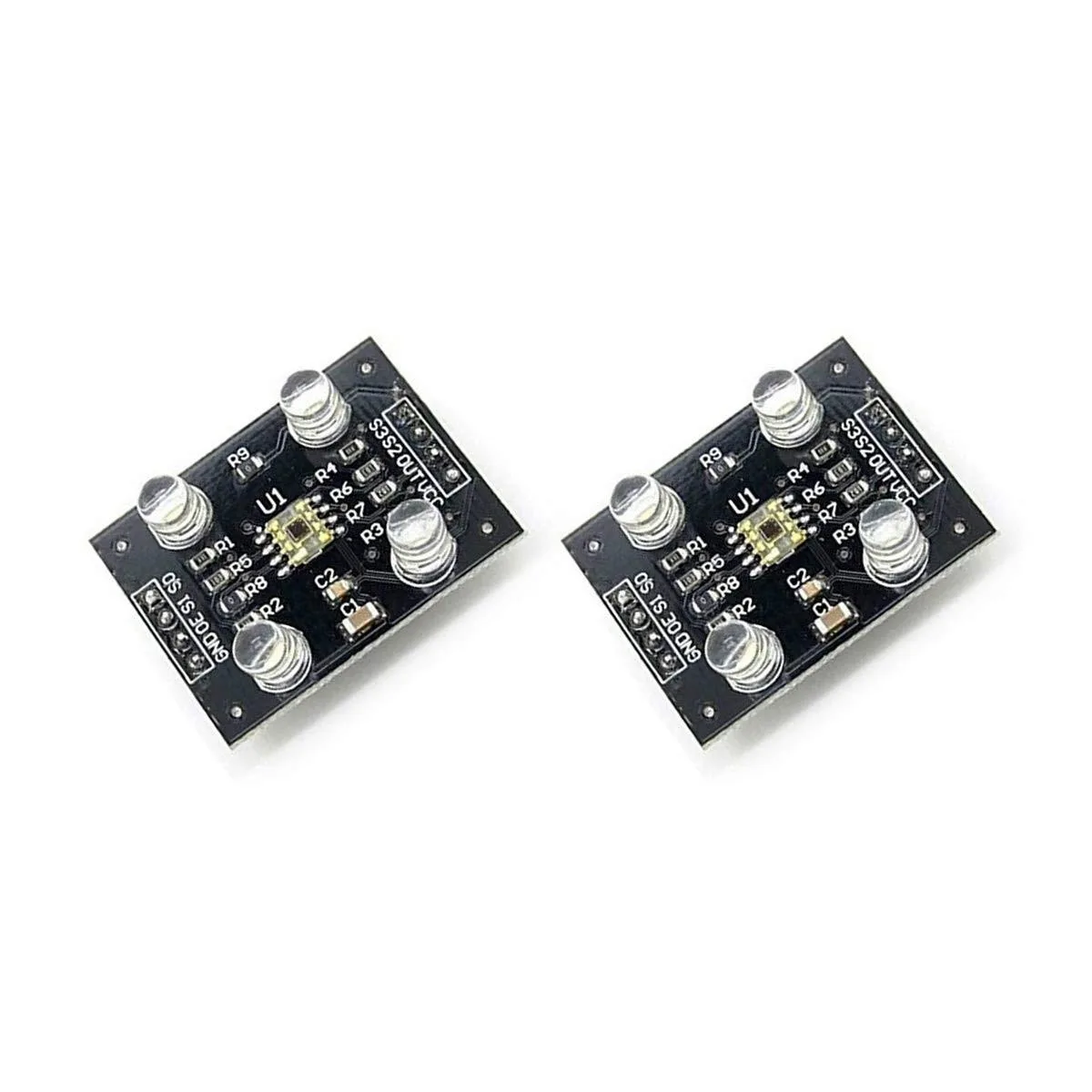 Two small green circuit boards with white LEDs and sensor chips