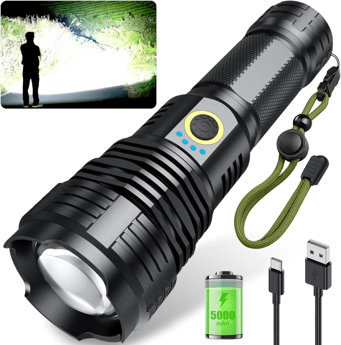Black cylindrical flashlight with textured grip, Type-C port and four LED power indicators