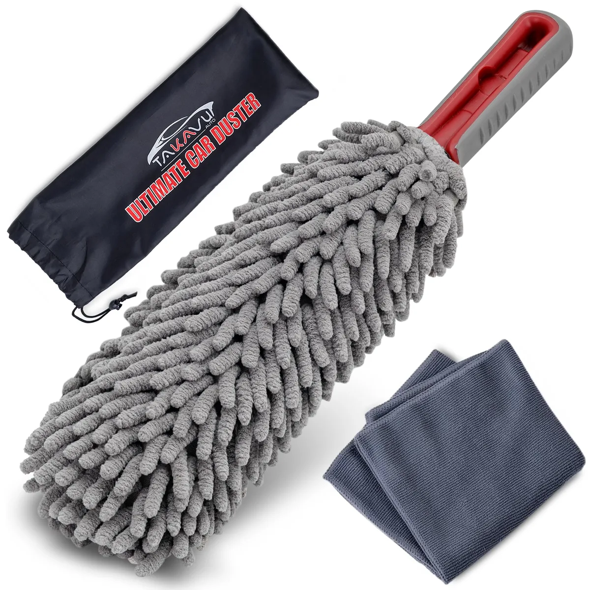 Gray microfiber car duster with 360-degree chenille fingers, ergonomic handle, 14.4 inches long