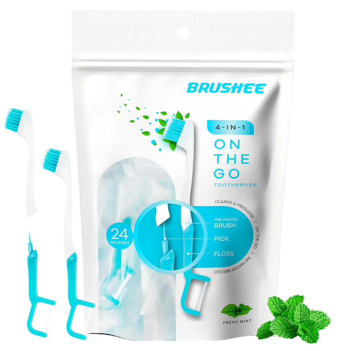 White disposable 4-in-1 toothbrushes with paste floss pick in 24-pack