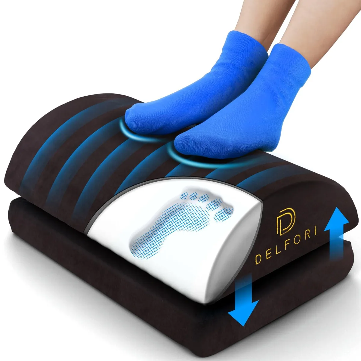 Black leather foot stool with adjustable memory foam layers and carry handle