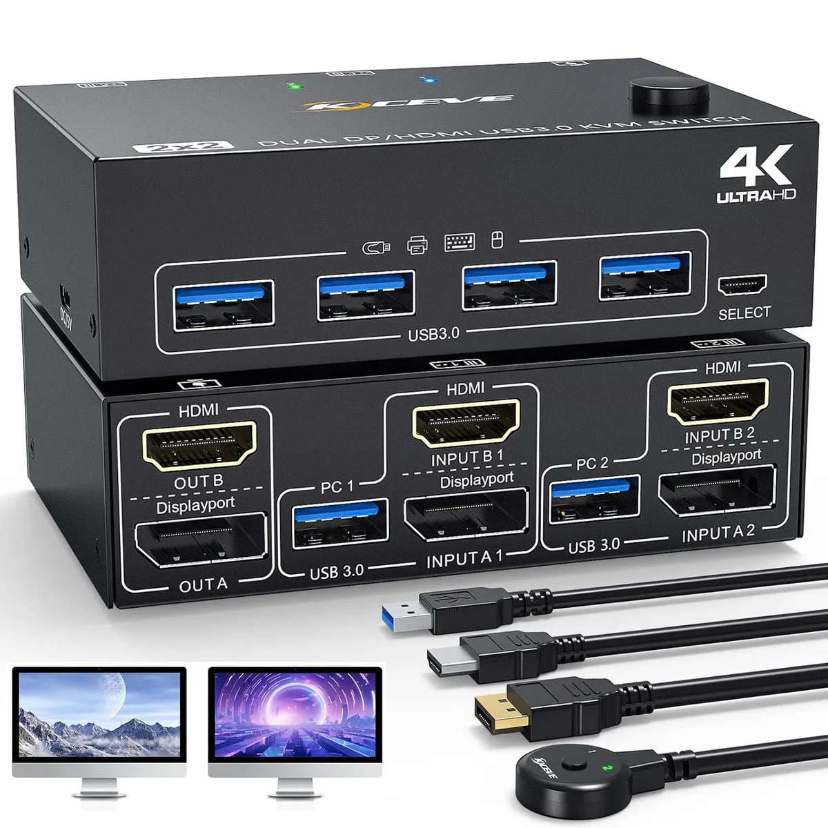 IHDAPP IHDAPP KVM Switch 2 PC 2 Monitors 4K@60Hz 2K@120Hz HDMI 2.0 DP 1.4 4 USB 3.0 Wired Remote — product photo