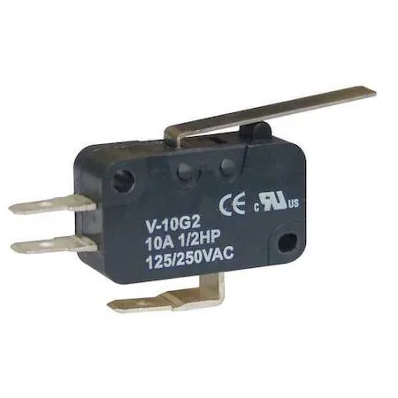 Small rectangular switch with a curved metal lever actuator, beige body, three quick-connect terminals visible
