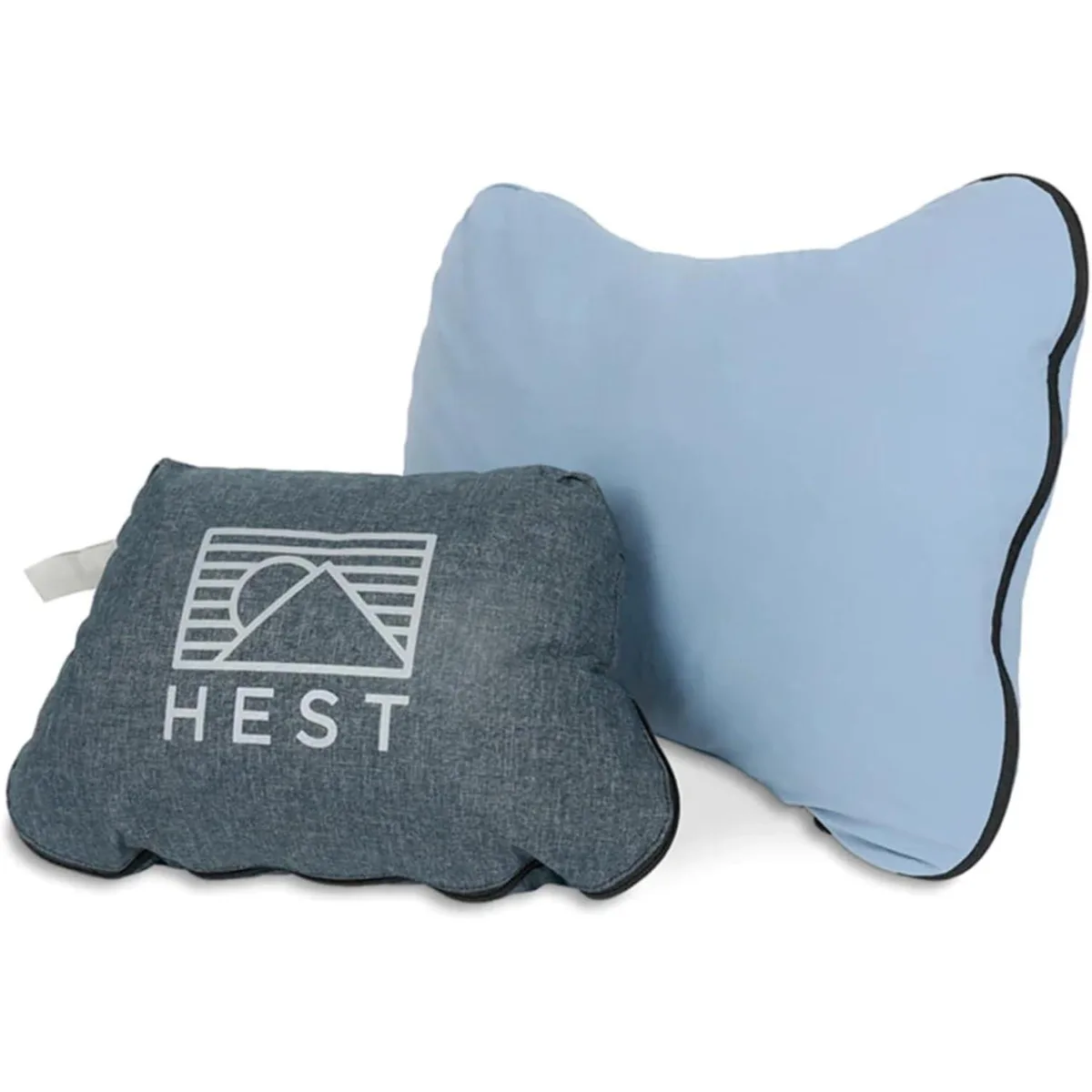 Blue rectangular camp pillow with nylon cover, 15 by 22 inches, plush memory foam fill, zippered travel case with carry loop