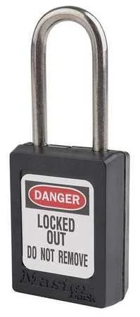 Black thermoplastic safety padlock with stainless steel shackle, pack of 12