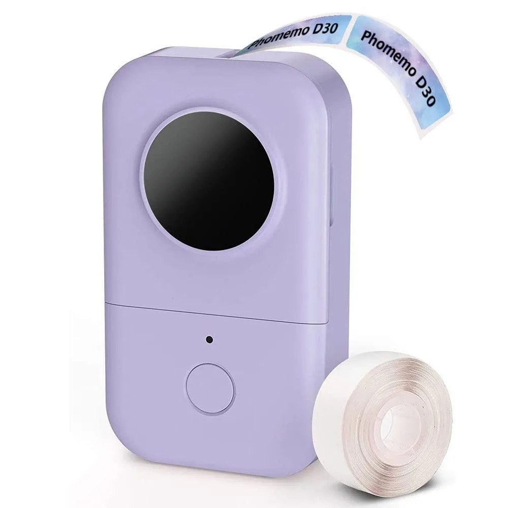Compact white handheld label printer with rounded edges and a small display window