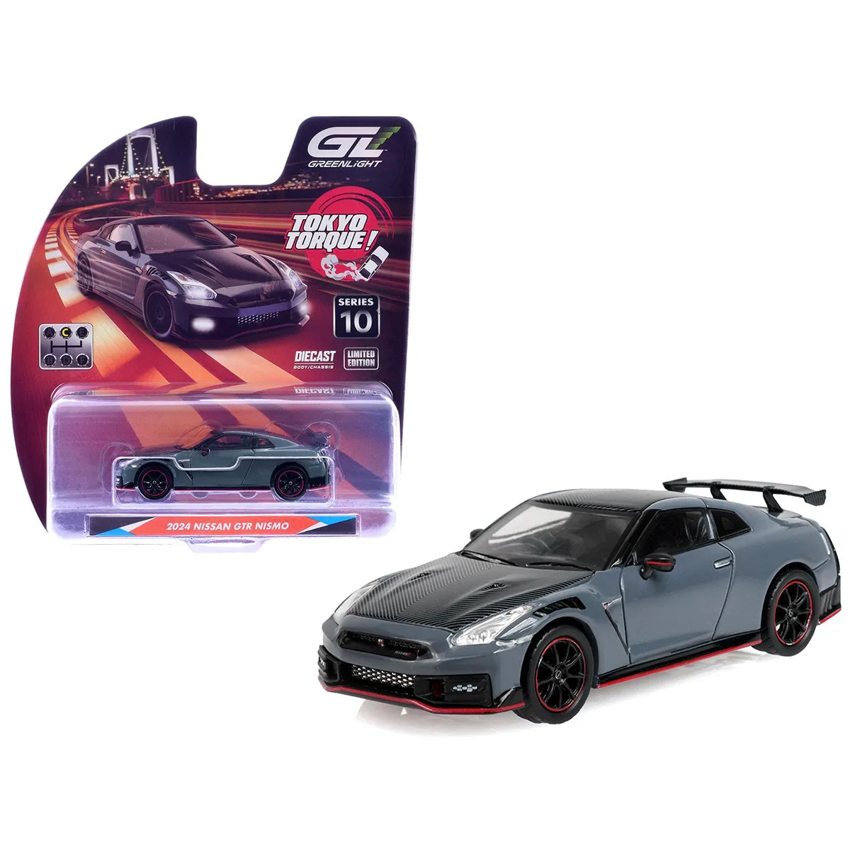 GREENLIGHT GREENLIGHT 2024 Nissan GT-R NISMO RHD Stealth Gray Carbon Top Hood Tokyo Torque 1/64 Diecast — product photo