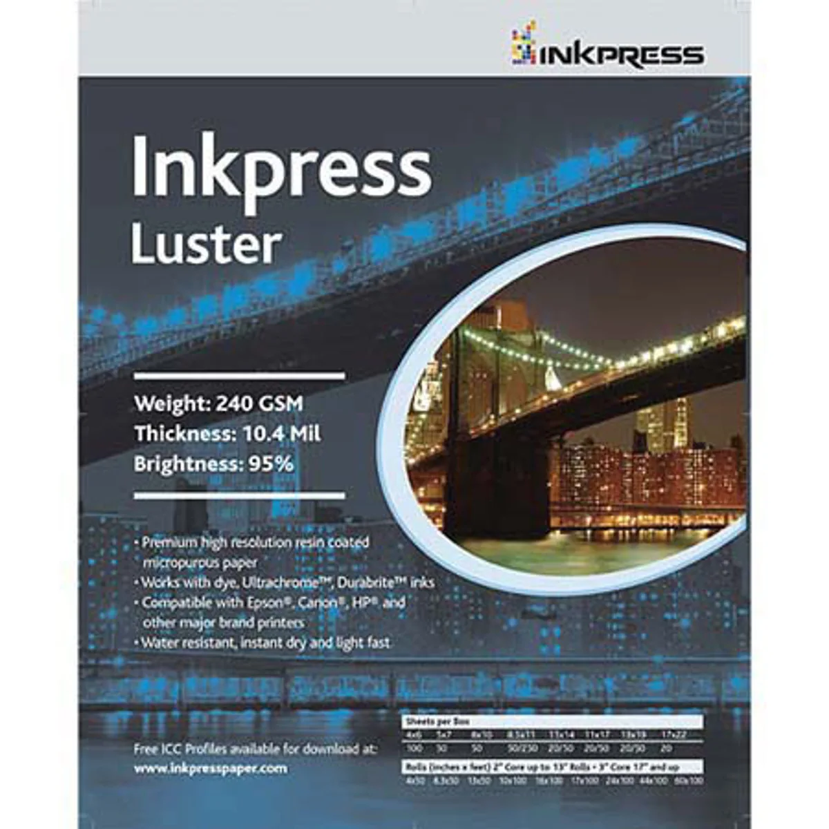Inkpress Inkpress Luster Premium Resin Coated Inkjet Paper 4x6" 10.4mil 240gsm 1000 Sheets — product photo