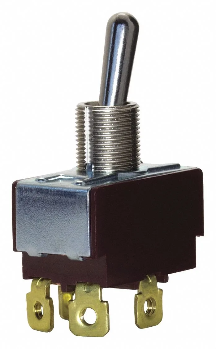 Silver toggle switch with metal bat actuator and threaded stem for panel mounting