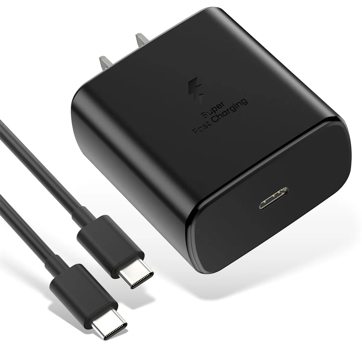 Black rectangular USB-C wall charger with folding prongs and a 6.6ft black USB-C to USB-C cable coiled beside it