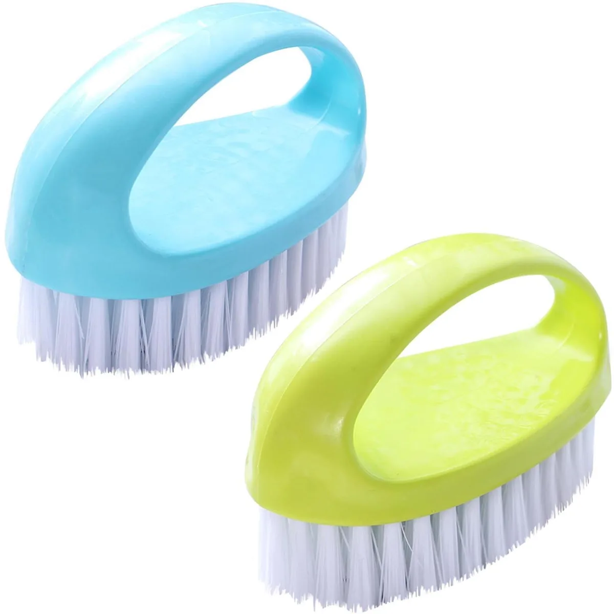 Four small scrub brushes with arched handles in blue green pink purple nylon bristles