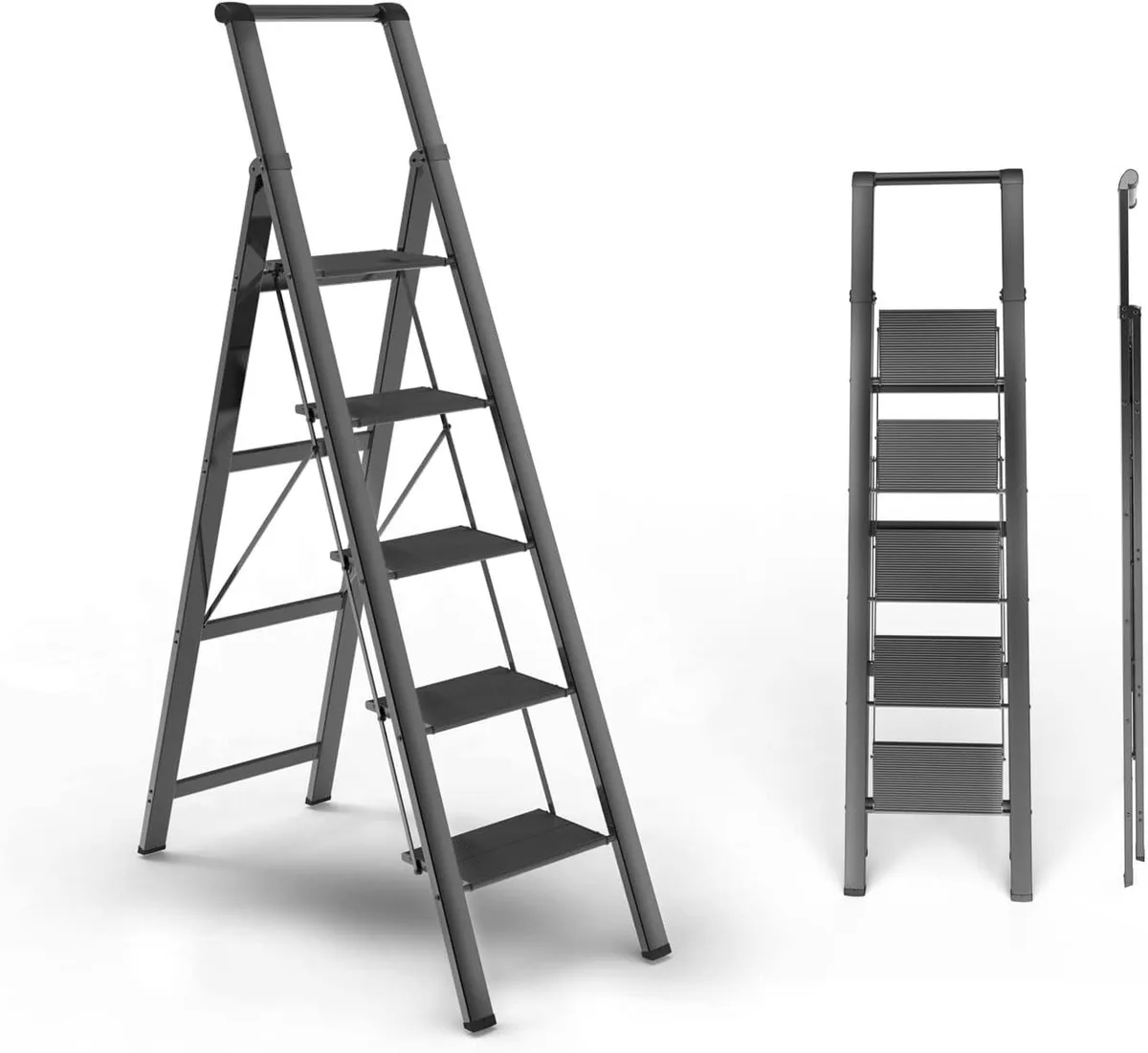 Black five-step folding ladder with top handle, wide anti-slip steps and rubber feet