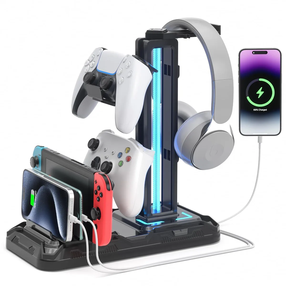  Logitech KDD-766 headset stand with charging station, 9 light modes, USB A&amp;C ports, black — product photo