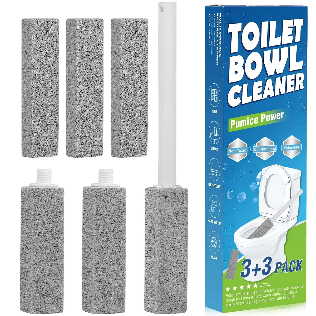 Six pumice cleaning stones, three with handles, light grey porous texture