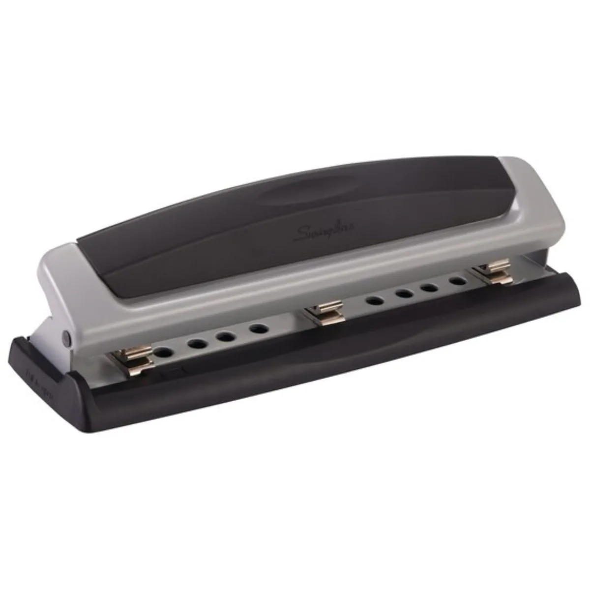 Black and gray desktop hole punch with adjustable 2-3 hole settings, metal construction, chip tray, 10 sheet capacity