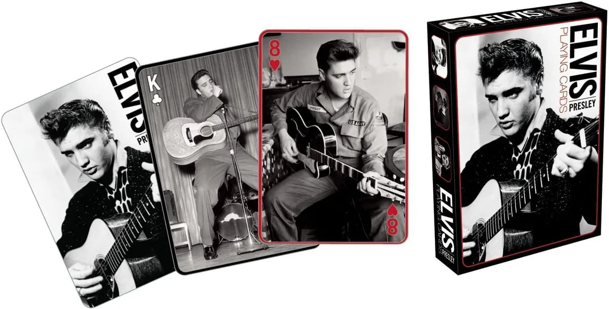 A standard deck of 52 playing cards plus two jokers with black and white Elvis Presley photos and a linen finish