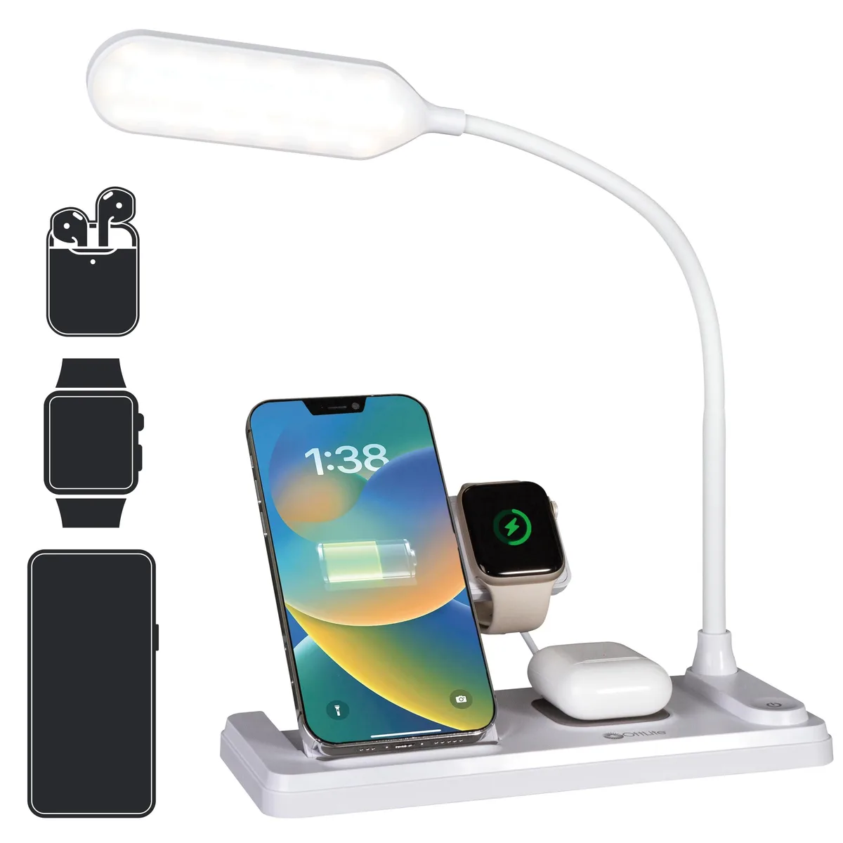 White OttLite LED desk lamp with flexible neck, wireless charging pad, phone stand and watch charger holder