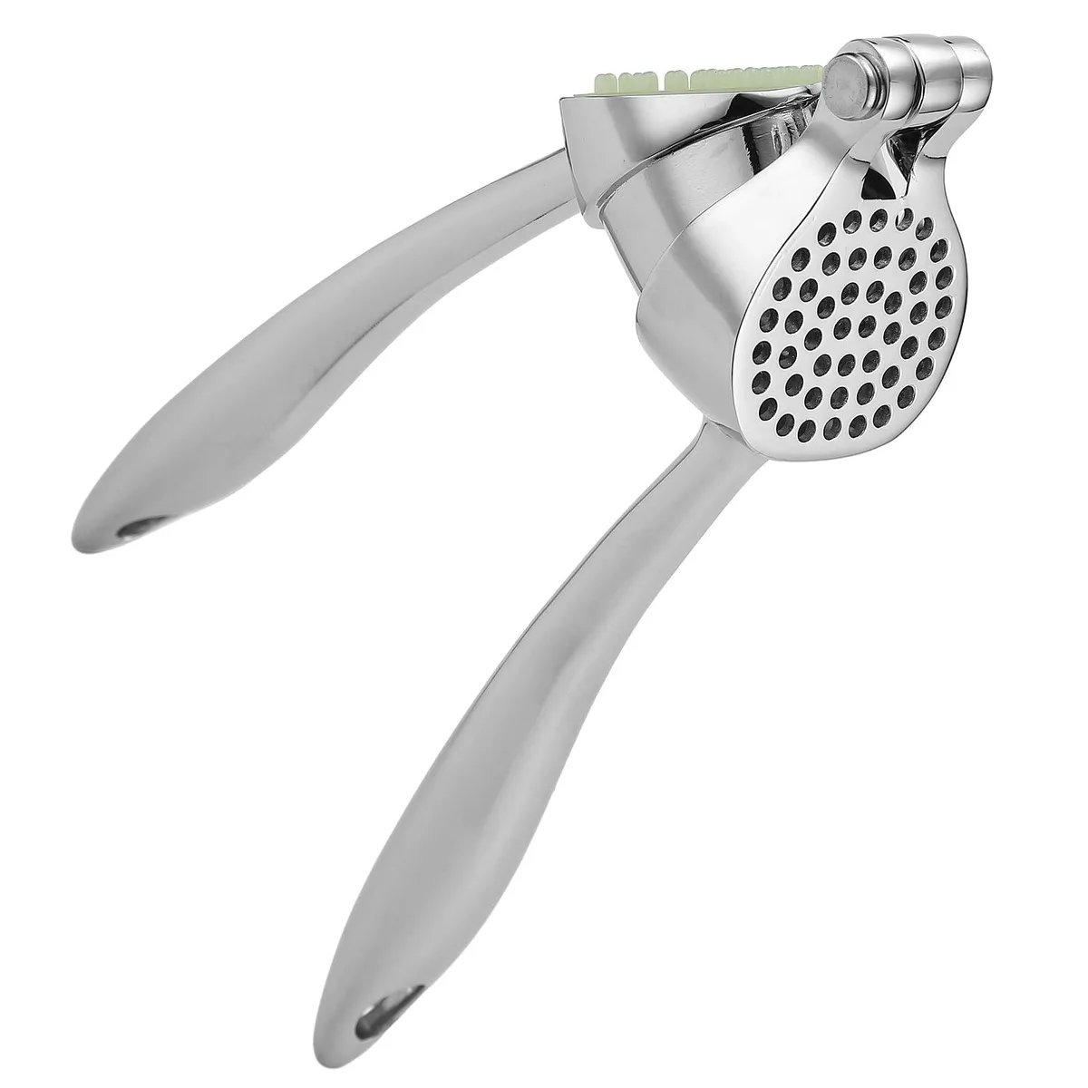 Silver zinc-alloy garlic press with built-in cleaner, compact lever form factor